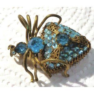 Antique Insect Brooch Signed CZECHO Gilt With Blue Glass Stones